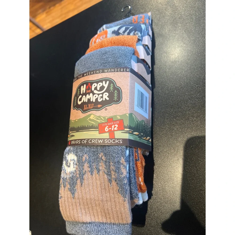 Happy Camper by MVP Mens Crew Socks 4 Pack Mountain Tree Graphic Orange Grey6-12